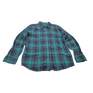 Plus Size Lands' End Flannel Plaid Shirt Cotton Green Blue Womens 18